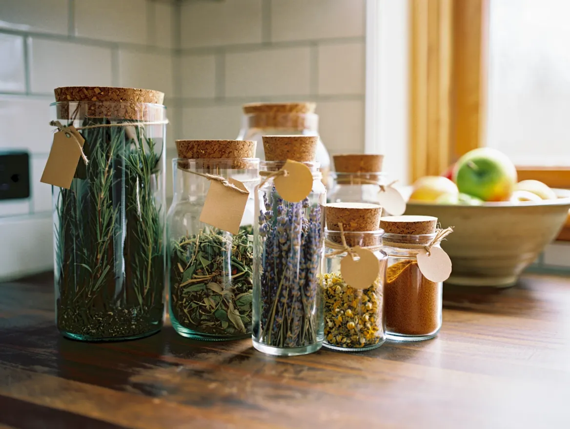 Collectie van glazen potten met verschillende kruidenmengsels in aardse tinten